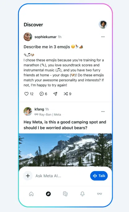 Meta AI App: O Novo Aplicativo de IA da Meta Chega em 2025 para Desafiar o ChatGPT 5 Mockup do Feed Descoberta no Meta AI app mostrando um post compartilhado.