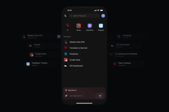 Tela inicial do Raycast for iOS mostrando acesso rápido a IA, Favoritos e funcionalidades principais