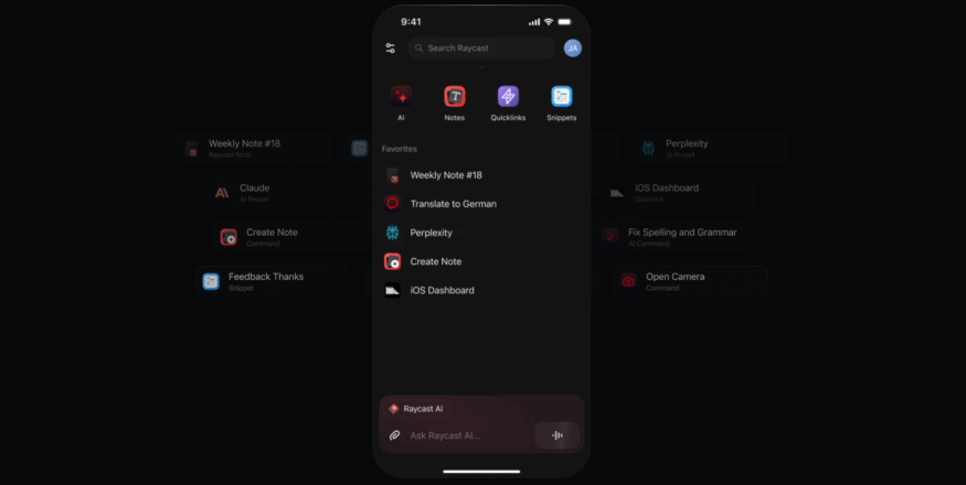 Tela inicial do Raycast for iOS mostrando acesso rápido a IA, Favoritos e funcionalidades principais