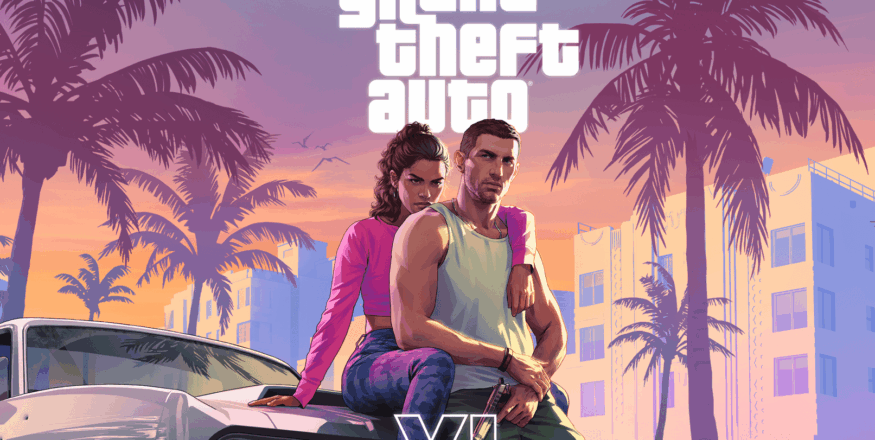 Arte promocional oficial de Grand Theft Auto 6 mostrando Lucia e Jason em Vice City