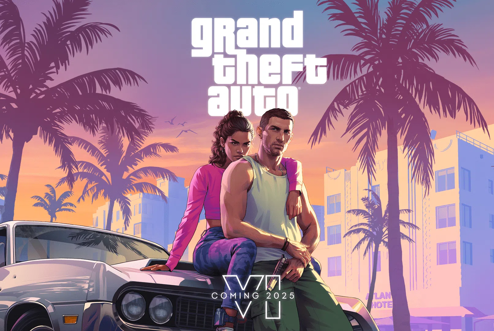 Arte promocional oficial de Grand Theft Auto 6 mostrando Lucia e Jason em Vice City