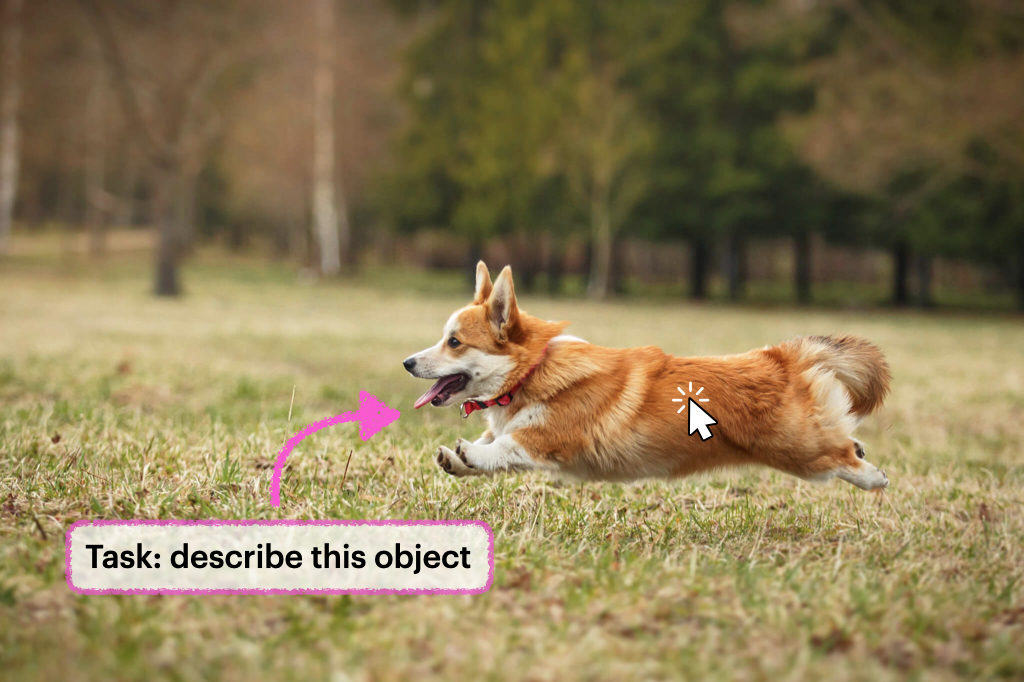 Exemplo de legenda gerada pelo Describe Anything Model (DAM) para um cachorro correndo