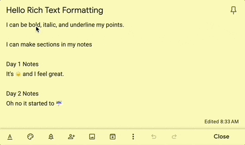 GIF demonstrando o uso das novas opções de formatação de texto (negrito, itálico, sublinhado, H1, H2) no Google Keep para web.