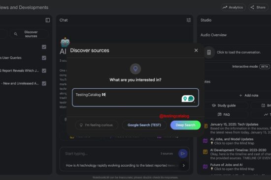 Interface do NotebookLM exibindo possíveis novos recursos como Deep Search e opções de idioma.