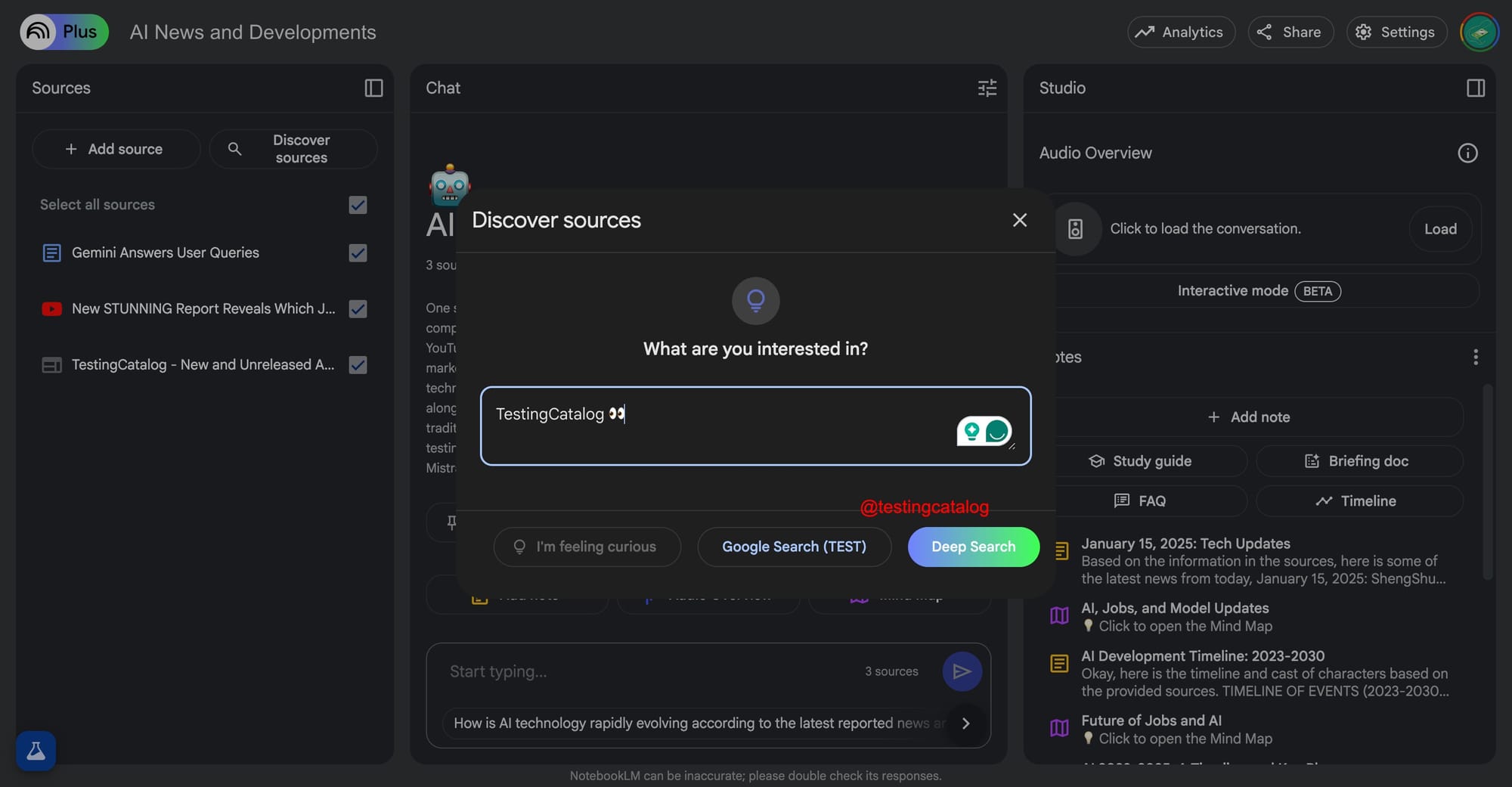 NotebookLM com Deep Search pode ser possível e mais idiomas em breve 2 Interface do NotebookLM exibindo possíveis novos recursos como Deep Search e opções de idioma.