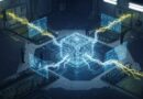 Um núcleo de IA futurista, representado como uma rede complexa de vias neurais brilhantes, gerando e editando imagens holográficas em tempo real em um ambiente de laboratório elegante e de alta tecnologia