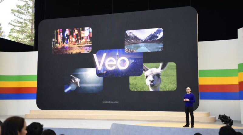 Demonstração do Veo 3 durante o Google I/O 2025: modelo integra Google IA, vídeo e áudio automaticamente gerados.