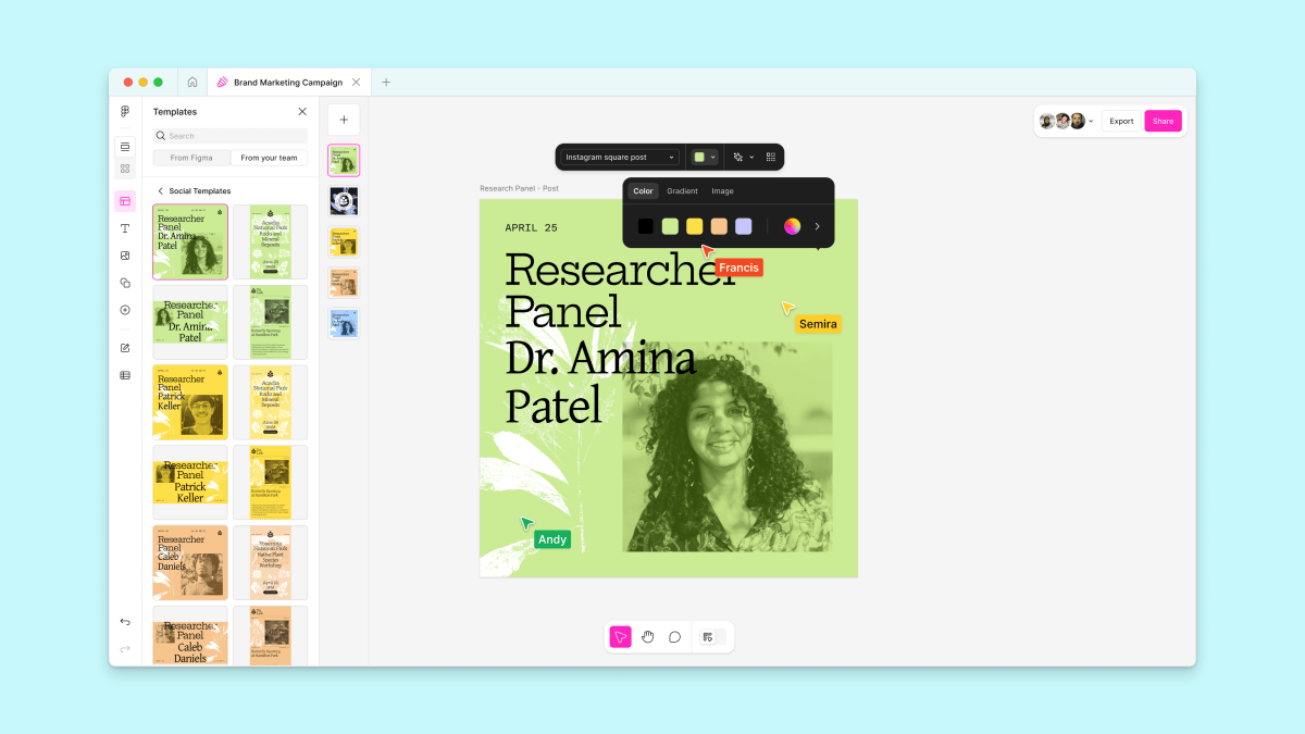 Interface do Figma Buzz exibindo templates e ativos de marketing, com funcionalidades de IA.