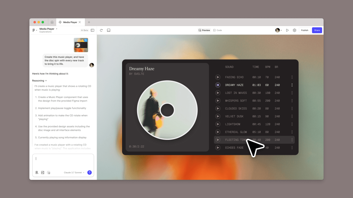 Demonstração do Figma Make criando um music player funcional a partir de um prompt ou design existente.