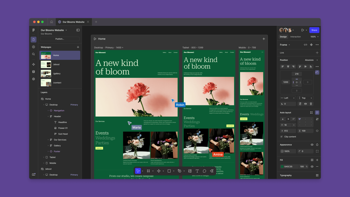Interface do Figma Sites mostrando um protótipo de website sendo construído com painéis familiares.