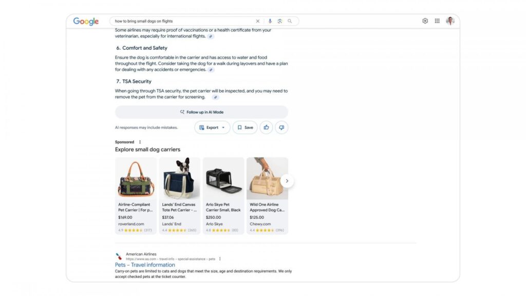 Google Ads em AI Search: Anúncios Ajudam Usuários 3 Exibição de anúncios em AI Search com destaque para dados relevantes que evidenciam eficácia