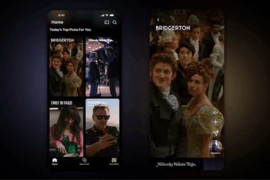 Interface do novo feed vertical de vídeos curtos da Netflix em um smartphone, mostrando clipes de séries e filmes.