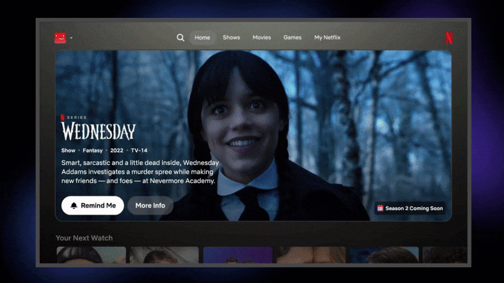 Netflix Lança Feed de Vídeos Curtos para Mobile em 2025: A Revolução na Descoberta de Conteúdo 5 GIF mostrando a nova interface da homepage da Netflix na TV com destaques para busca e minha lista no topo.