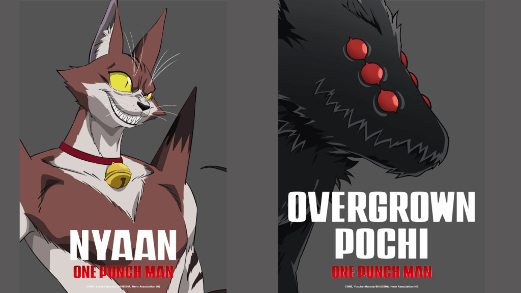 Arte promocional da 3ª temporada de One Punch Man destacando Nyaan e Overgrown Pochi.