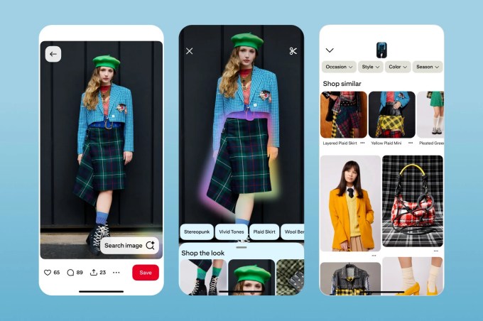Exemplo da interface do Pinterest com IA sugerindo palavras-chave descritivas para um Pin de moda.
