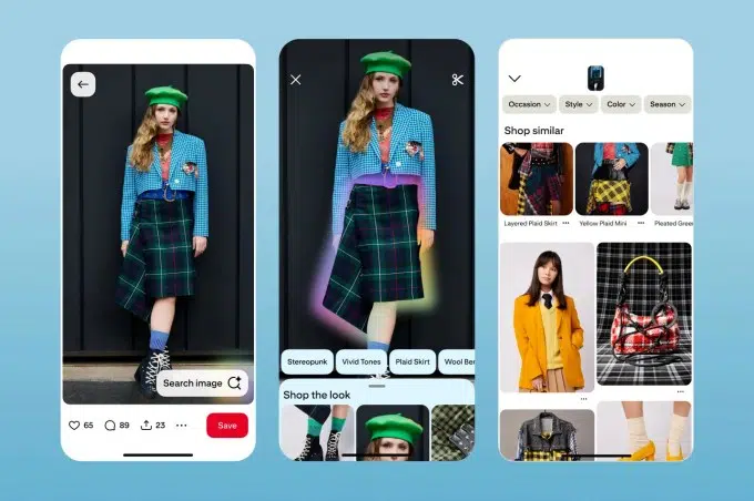 Busca Visual IA Pinterest: Novas Funções Transformam Descobertas em 2025 4 Exemplo da interface do Pinterest com IA sugerindo palavras-chave descritivas para um Pin de moda.