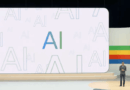 Sundar Pichai apresentando Project Astra no Google I/O 2025. Imagem com fundo de IA e novo material visual multimodal do evento.