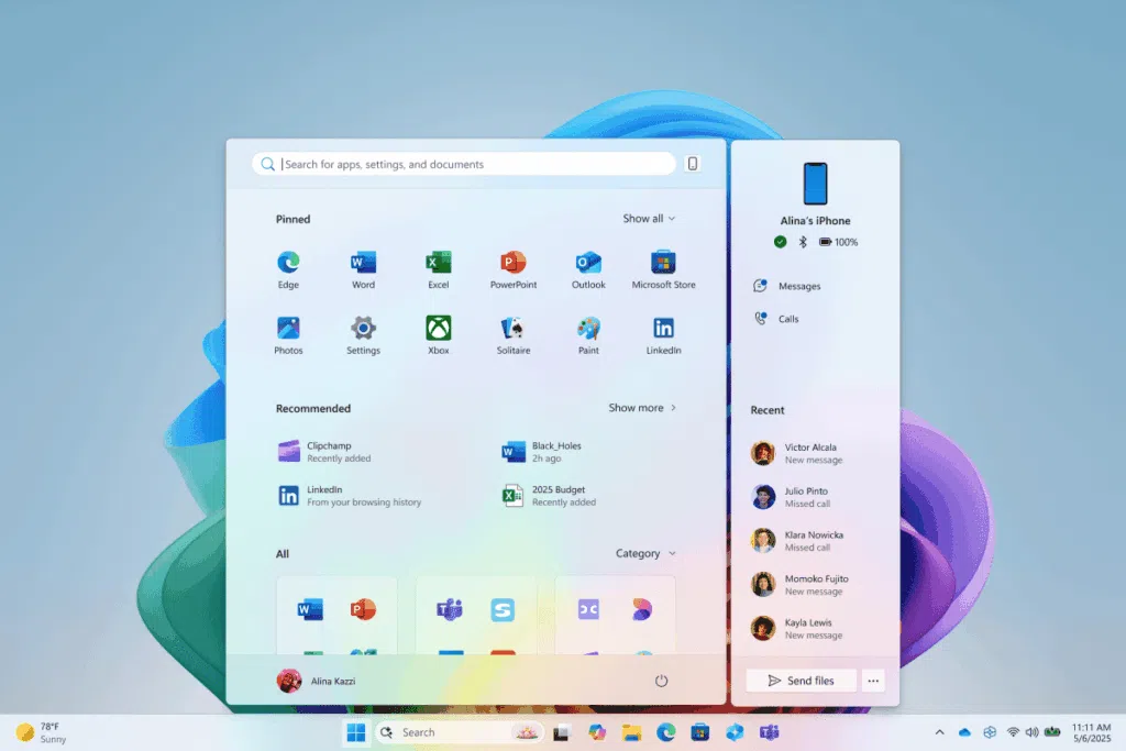 Novo Menu Iniciar Windows 11 2025: IA Revoluciona Sua Experiência em Maio! 3 Visão do novo Menu Iniciar do Windows 11 2025 com integração Phone Link e IA.