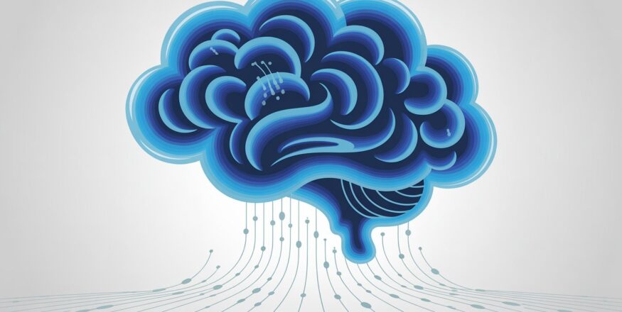 Ilustração de uma nuvem de pensamento azul, simbolizando a capacidade do software de ler pensamentos e auxiliar na comunicação de pessoas com paralisia através de interface cérebro-computador.