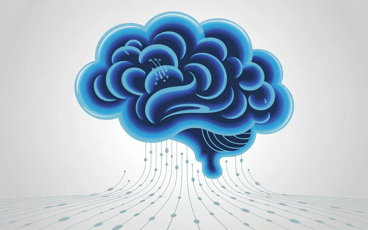 Ilustração de uma nuvem de pensamento azul, simbolizando a capacidade do software de ler pensamentos e auxiliar na comunicação de pessoas com paralisia através de interface cérebro-computador.
