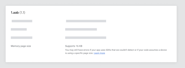 Interface do App Bundle Explorer no Google Play Console exibindo informações sobre compatibilidade com páginas de 16KB.