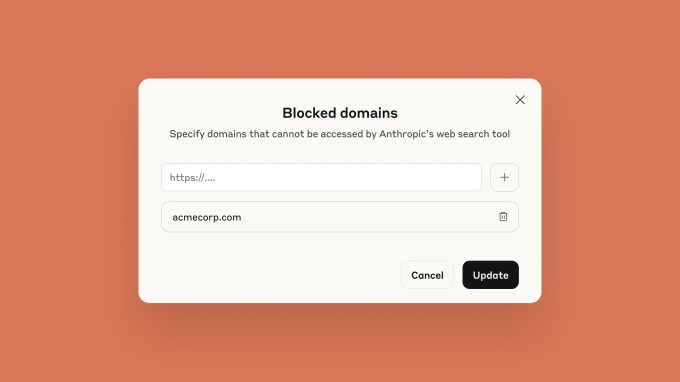 Interface da API de pesquisa web da Anthropic mostrando opções de configuração de domínios permitidos e bloqueados para busca pelo Claude.