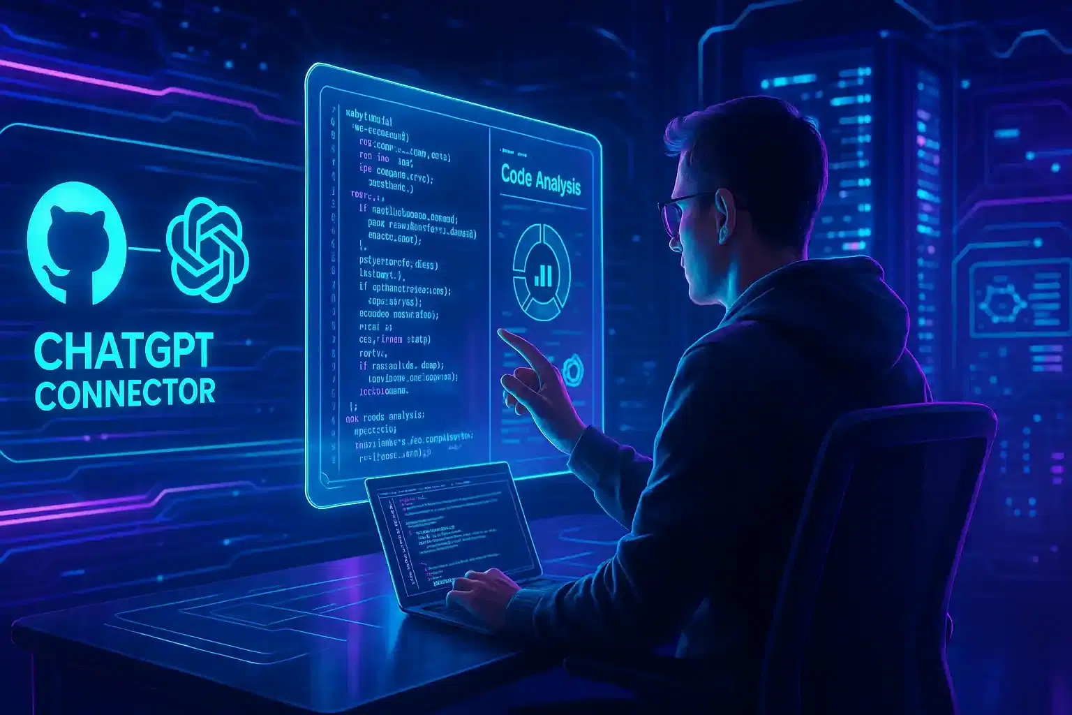 Conector GitHub ChatGPT: Revolução na Análise de Código com IA em 2025 1 Representação visual da integração entre ChatGPT e GitHub para análise de código por IA
