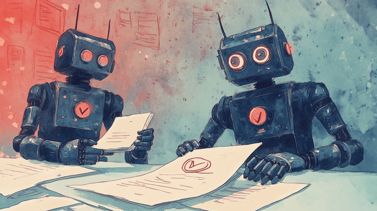 Ilustração de robôs carimbando selos de aprovação, simbolizando o MCP como padrão de interoperabilidade em IA.
