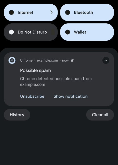 Exemplo de alerta de notificação spam no Google Chrome para Android, mostrando a interface de aviso de IA.