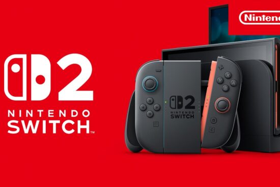 Conceito artístico do console Nintendo Switch 2 com controles Joy-Con acoplados e logo da Nintendo ao fundo.