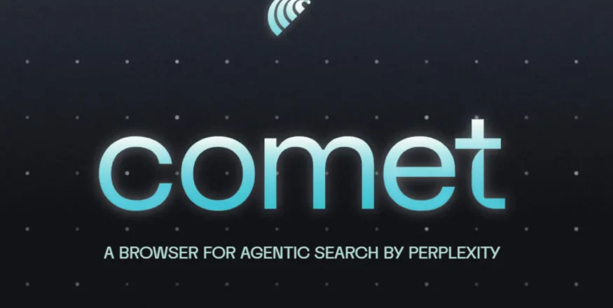 Ilustração conceitual do navegador Comet da Perplexity operando como agente web autônomo para interagir com plataformas como X.