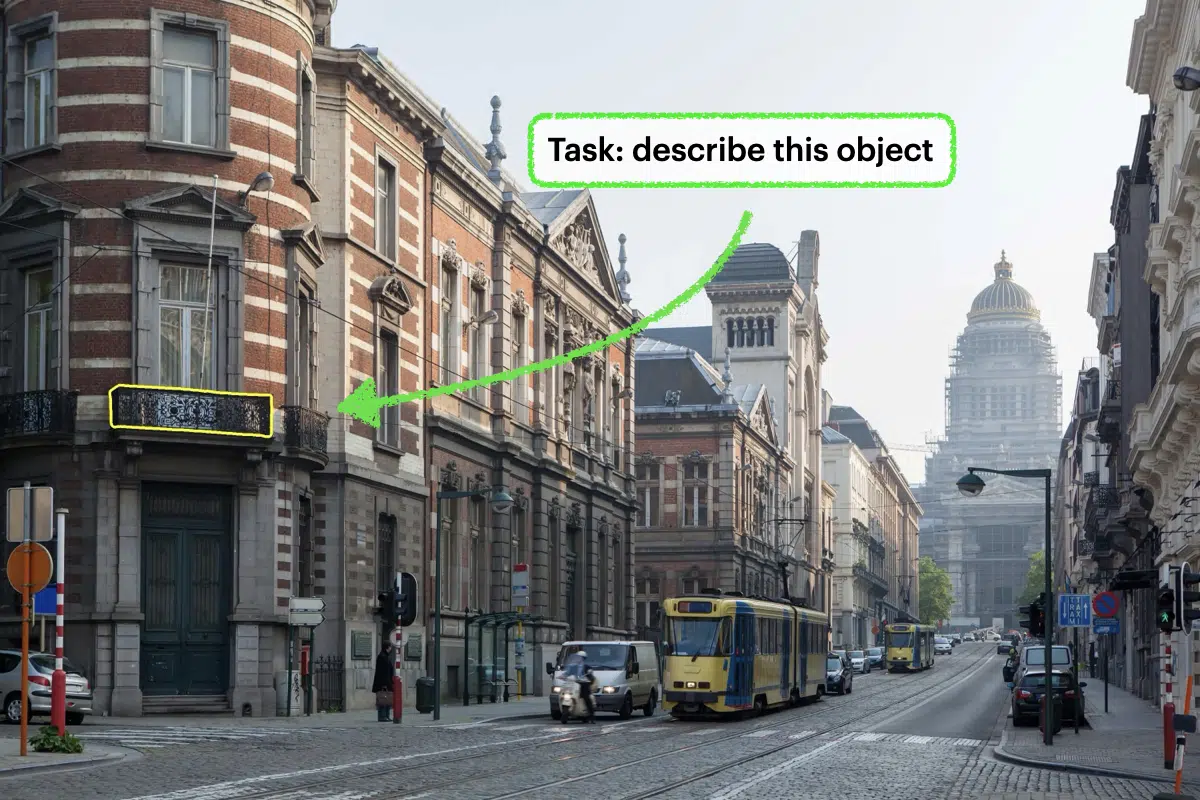 Exemplo de legenda detalhada gerada pelo Describe Anything Model para uma varanda.