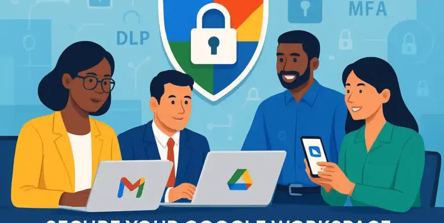 Ilustração abstrata simbolizando a segurança em camadas do Google Workspace para pequenas empresas em 2025