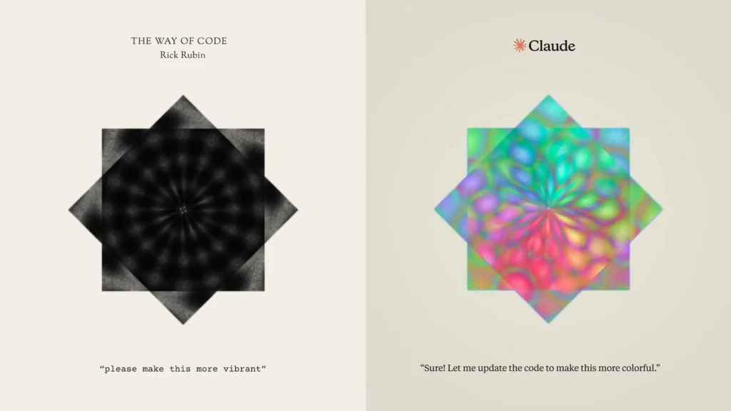 Aplicativos com IA: Claude lança criação interativa e gratuita 5 Imagem 'The Way of Code' de Rick Rubin com logo do Claude. Exibe comparação de código modificado por IA antes e depois.