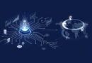Um núcleo geométrico brilhante central emite ondas digitais dinâmicas que se ramificam em linhas interconectadas e gráficos estilizados, simbolizando a otimização avançada de SEO