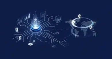 Um núcleo geométrico brilhante central emite ondas digitais dinâmicas que se ramificam em linhas interconectadas e gráficos estilizados, simbolizando a otimização avançada de SEO