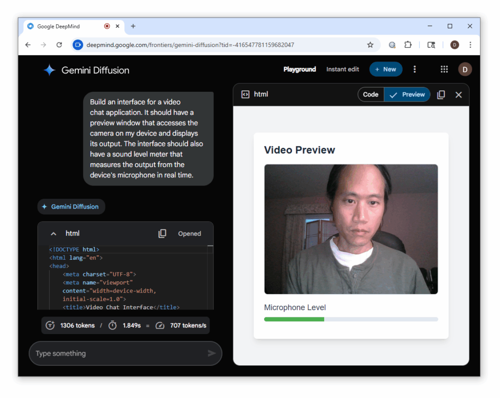 Google Diffusion LLM: Gemini Diffusion promete superar GPT em velocidade 3 Interface criada rapidamente por Gemini Diffusion após comando para desenvolver app de chat de vídeo com preview ao vivo e medidor de áudio em tempo real.