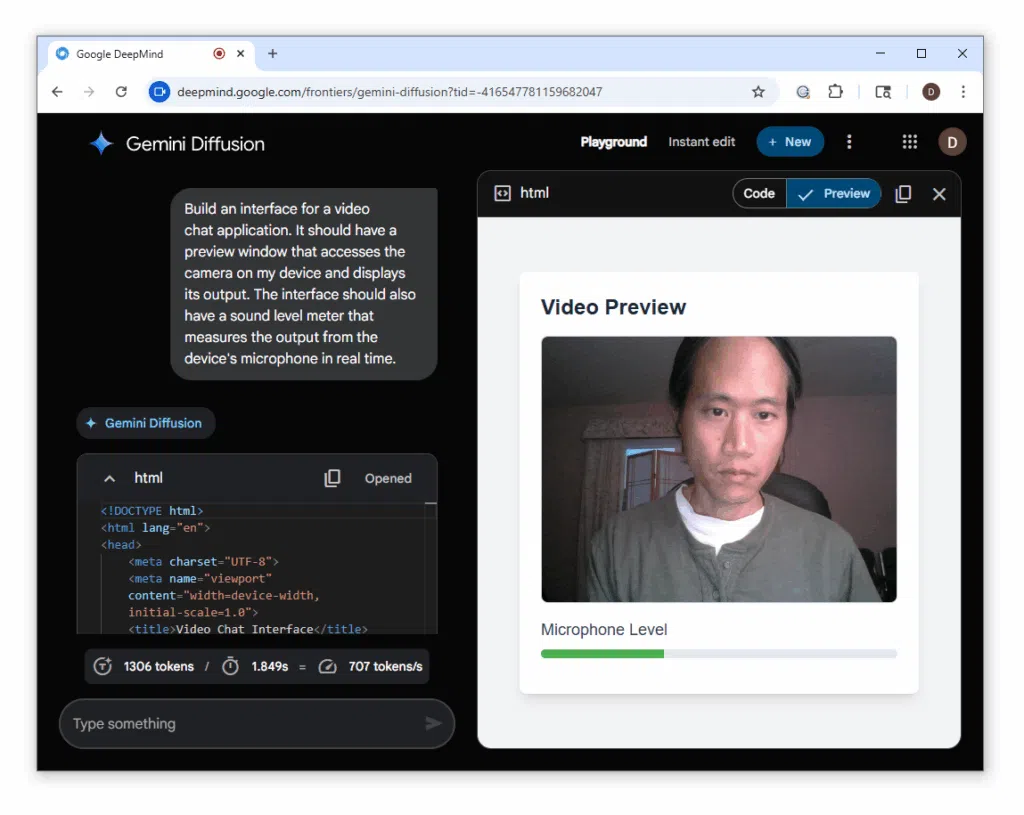 Google Diffusion LLM: Gemini Diffusion promete superar GPT em velocidade 3 Interface criada rapidamente por Gemini Diffusion após comando para desenvolver app de chat de vídeo com preview ao vivo e medidor de áudio em tempo real.
