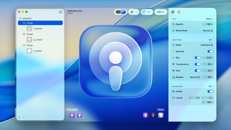 Apple revoluciona ferramentas para desenvolvedores 6 Tela do Icon Composer mostrando a criação de ícones com Liquid Glass.