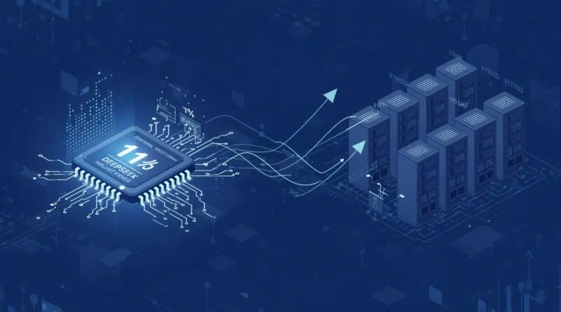 Ilustração conceitual de redes neurais e economia da computação, representando a eficiência da DeepSeek AI
