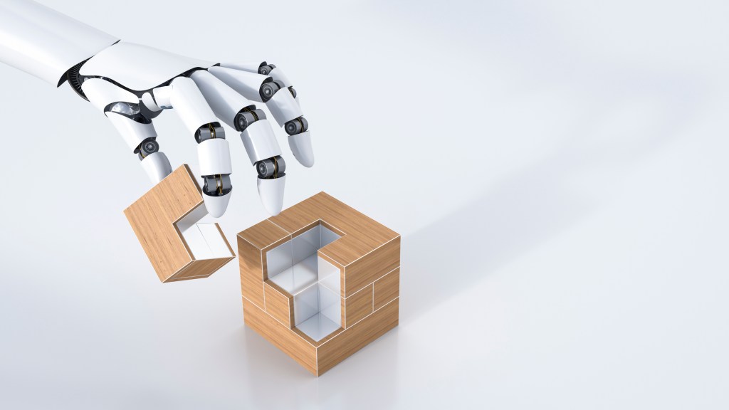 Google lança Gemini Robotics On-Device para robôs offline 4 Mão robótica montando cubo colorido; ilustração de IA em robótica