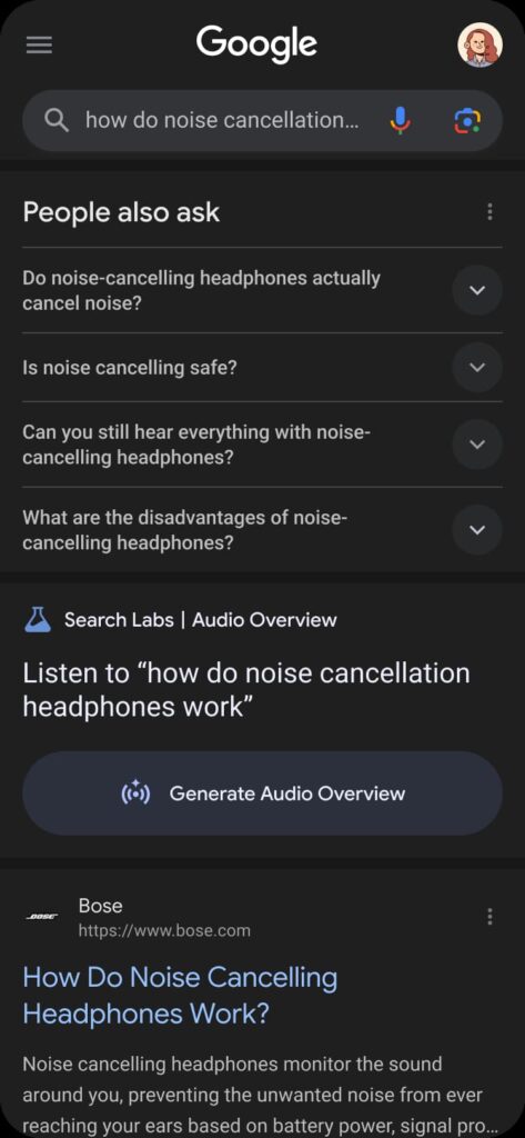 Demonstração do player de áudio do Google Search com controles interativos