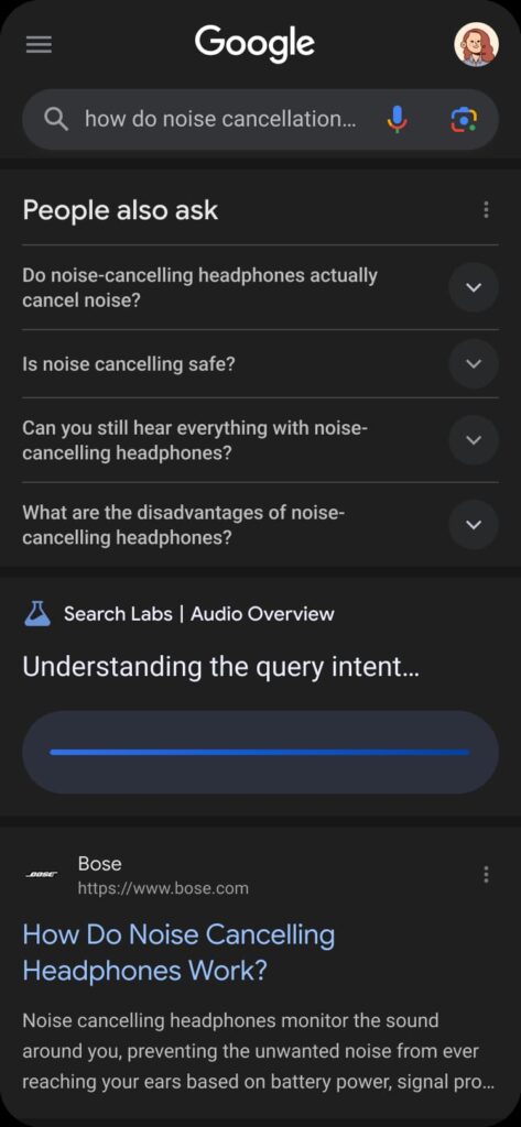 Exemplo de botão 'Generate Audio Overview' na página de resultados do Google