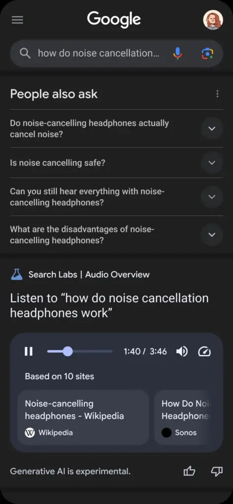 Exemplo de execução do 'Generate Audio Overview' na página de resultados do Google