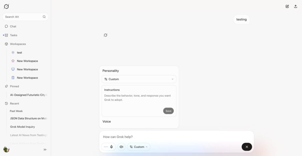 xAI testa Voice Mode e Tasks no Grok Web 4 Demonstração do Grok o xAI Voice Mode com interface moderna