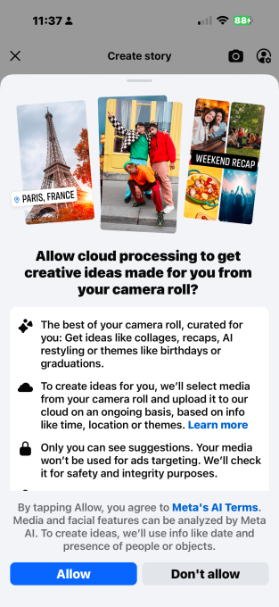 Facebook pede acesso a fotos não compartilhadas via Meta AI 5 Captura de tela do aviso de processamento em nuvem do Facebook, destacando a permissão para análise de fotos para sugestões com IA