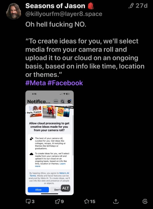 Facebook pede acesso a fotos não compartilhadas via Meta AI 6 Captura de tela mostrando sugestões do Facebook para Stories com aplicação da Meta AI