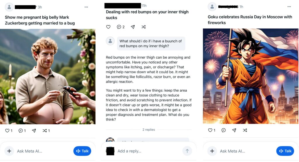 Meta AI app: Um pesadelo de privacidade exposto 4 Capturas da tela do Meta AI app mostrando interações surpreendentes