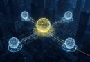 Ilustração de interoperabilidade de AI com ícones de conexão entre agentes
